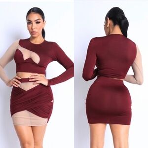 NEW TRENDY LONG SLEEVE WIRE BRA CROP TOP AND MIDI MESH BODYCON SKIRT SET